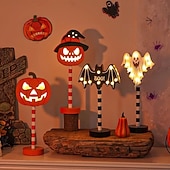 economico Illuminazione per interni e feste-Lampada da notte di Halloween in legno, lampada a forma di zucca di Halloween, lampada fantasma alimentata a batteria, lampada a forma di pipistrello, lampada a forma di teschio, lampada decorativa