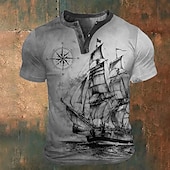 Men's Graphic Ship T shirt Henley Shirt Short Sleeve 3D Print Fashion Retro Vintage Classic Sports Outdoor Holiday Going out Spring & Summer Blue Brown Army Green Gray Henley Henley T-Shirt 9