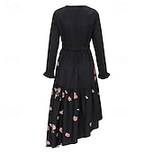 preiswerte Ausgefallene Kleider-Damen Midikleid Boho-Kleid Druckkleid Westernkleid Mode Outdoor Urlaub Wochenende Normale Passform Einfach Langarm V Ausschnitt Schwarz Sommer