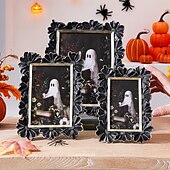 abordables Décorations Suspendues et de Table pour Halloween-Cadre photo en résine gothique d&#039;Halloween, motif marguerite 3D noir et or, cadre d&#039;affichage photo rectangulaire pour la décoration intérieure, support photo chaud de bureau, utilisation horizontale