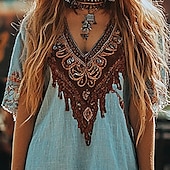 preiswerte Ausgefallene Kleider-Damen Minikleid Freizeitkleid Boho-Kleid Mode Reifen Outdoor Party Ferien Normale Passform Stammes Kurzarm V Ausschnitt Blau Sommer Frühling