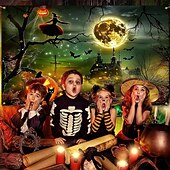 halpa halloween seinävaatteita-Halloween-kummitustalon seinävaate – Luuranko ja hohtava Jack-o&#039;-lantern-portaikkokohtaus pelottava yötaivas goottilainen tausta 2025 Halloween-olohuoneeseen makuuhuoneeseen juhlakoristeeksi