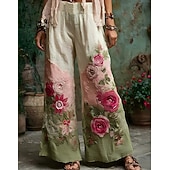 abordables Pantalons Graphiques-Femmes Jambe large Pantalons Pantalon palazzo ancien Boho Longueur complète Taille haute Fleur Taille Élastique Impression Respirabilité Confortable Rue Tenue quotidienne Sortir Vert Printemps Automne