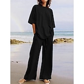 abordables Conjuntos-Conjuntos de pantalones de lino para mujer, 15% lino, básicos, color liso, bolsillo, cintura elástica, camiseta, pantalón, uso diario, calle, manga larga, cuello redondo, azul, negro, blanco, azul marino, marrón claro, verano, primavera
