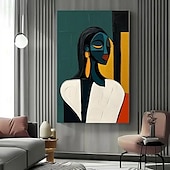 abordables Peintures portraits-Peinture de portrait abstrait moderne faite à la main peinte à la main avec un contraste chromatique audacieux - peintures à l&#039;huile géométriques figure féminine en or cobalt figure pour peinture