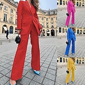 abordables Ensembles chemisiers pour femmes-Femmes Actif Mode Chemisier Blazer Ensembles de Pantalons manche longue Col de chemise Couleur Unie Bureau Travail Sortir Jaune Rouge Bleu Automne Coupe régulière