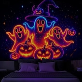 preiswerte Halloween Garagentorabdeckung-Halloween Schwarzlicht Wandteppich süßer Geist UV reaktiv Leuchten im Dunkeln Wald verzerrter Berg nebliger Friedhof Geist hängender Wandteppich Wandkunst Wandmalerei für Wohnzimmer Schlafzimmer
