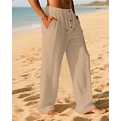 cheap Holiday-Men&#039;s Linen Pants Trousers Summer Pants Beach Pants Pocket Elastic Waist Drawstring Plain Comfort Breathable Vacation Daily Holiday Hawaiian Boho Dark Khaki Black