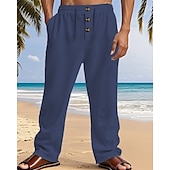 cheap Holiday-Men&#039;s Linen Pants Trousers Summer Pants Beach Pants Pocket Elastic Waist Drawstring Plain Comfort Breathable Vacation Daily Holiday Hawaiian Boho Dark Khaki Black