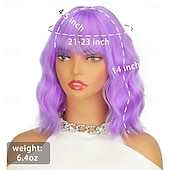 economico Parrucche da festa-Parrucca viola con frangia, parrucche corte viola chiaro per donne, parrucca ondulata caschetto viola lavanda, parrucche sintetiche per cosplay per feste di Halloween.