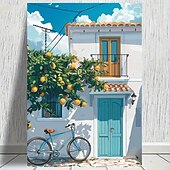 お買い得  風景画 プリント-鮮やかな地中海のレモンの木と白い家のキャンバスアート作品1点。リビングルーム、寝室、ホームオフィスに最適。青い自転車と光る窓のある魅力的な街の景色を演出するホームデコレーション。