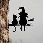 お買い得  ハロウィン-庭の木の枝に座っているかわいい魔女と猫の金属シルエットの芸術的な装飾1個。ガーデンフェスティバルの装飾に最適です。