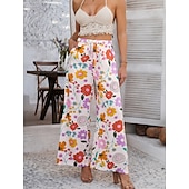 abordables jambe large et taille haute-Femmes Jambe large Chinos Vacances ancien Mode Longueur complète Taille haute Fleuri Ceinture Élastique Impression Confortable Doux Micro-Élastique Extérieur Vacances Rue Blanche Jaune Rose Claire