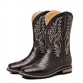 abordables Cowboy et bottes occidentales-Bottes de cowboy western en cuir de vachette noir gaufré pour hommes avec bout pointu et coutures classiques, chaussures élégantes pour les événements country, l&#039;équitation et la mode rodéo