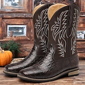 abordables Cowboy et bottes occidentales-Bottes de cowboy western en cuir de vachette noir gaufré pour hommes avec bout pointu et coutures classiques, chaussures élégantes pour les événements country, l&#039;équitation et la mode rodéo