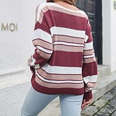 economico Motivi grafici e dettagli-Per donna Maglione Casual A righe Spesso Scollo a V Lavorato a maglia Manica Lunga Top Regolari Maglia Quotidiano Ferie Uscire Vino Blu Autunno Inverno