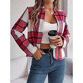 Χαμηλού Κόστους 3D Παλτά-Γυναικεία Casual Jacket Άνετο Αναπνέει Στάμπα Καθημερινό Καρό Διακοπές Δρόμος Καθημερινά Ρούχα Εξόδου Ανοικτό Μπροστά Κοντό Όρθιος Γιακάς Κανονικό Μακρυμάνικο Εξωτερικά ενδύματα