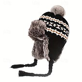 cheap Hats-Stretch Knit Plush Winter Hat with Detachable Ear Flaps &amp; Pom-Pom - Grid Pattern, Adjustable Drawstring for Outdoor Sports, Christmas Holiday - Black/White/Blue/Red, Winter Accessories