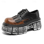 ieftine Cizme de motociclism-Pantofi Oxford cu platformă gotică pentru bărbați, cu flăcări – pantofi cu talpă groasă în stil punk pentru cosplay, Halloween și streetwear