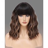 baratos Perucas Sintéticas sem Touca-Peruca loira com mechas castanhas e franja, peruca curta e cacheada para mulheres, comprimento dos ombros de 14 polegadas, perucas de substituição de cabelo de aparência natural para uso em festas de