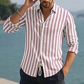 voordelige Vakantie-Voor heren Overhemd Linnen overhemd Zomer overhemd Strand Kleding Overhemd met knopen Verticale stroken Vakantie Curise Zwart Blozend Roze Rood blauw Lange mouw Strijkijzer Zomer Lente Kleding