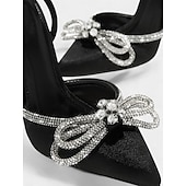 baratos Bombas Clássicas-salto agulha feminino de cetim preto com laço de strass e tira no tornozelo - salto alto elegante para eventos formais e coquetéis
