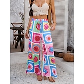 abordables jambe large et taille haute-Femmes Jambe large Chinos Vacances ancien Mode Longueur complète Taille haute Fleuri Ceinture Élastique Impression Confortable Doux Micro-Élastique Extérieur Vacances Rue Blanche Jaune Rose Claire