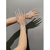 preiswerte Damenkostüme-Glitzernde Handschuhe mit Strasssteinen für Damen, lang, glitzernd, Netzstoff, durchsichtig, Ellenbogenlänge, Opernhandschuhe mit Nägeln, hautfarben, Einheitsgröße