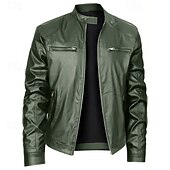abordables Veste en simili-cuir-Homme Veste en Similicuir Veste moto Blouson de Moto Vacances Quotidien Coupe-vent Chaud Fermeture éclair Automne Hiver Uni Mode Classique Col montant Régulier Noir Rouge Bleu Roi Bleu Vert foncé