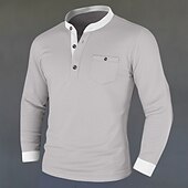 preiswerte Lässiges Henley-T-Shirt-Herren Henley Hemd T-Shirt T-Shirt aus Baumwollmischung Langarm Farbblock Einheitliche Farbe Mode Designer Basic Patchwork Stehkragen Henley Urlaub Straße Lässig Frühling &amp; Herbst Schwarz Marineblau