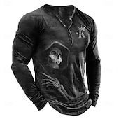 お買い得  ハロウィンTシャツ-男性用 Tシャツ ヘンリーシャツ グラフィック スカル ヘンリー ブラック ホワイト ブルー グリーン グレー 3Dプリント プラスサイズ アウトドア 日常 長袖 ボタンダウン プリント 衣類 デザイナー スタイリッシュ ヴィンテージ ベーシック