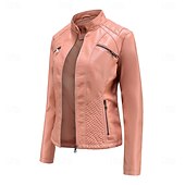 economico Giacche in finta pelle-Per donna Giacca in Ecopelle Confortevole Tasca Cerniera completa Moda Stile da Strada Semplice All&#039;aperto Casual Quotidiano Regolare Collo alla coreana Vestibilità regolare Manica Lunga Capispalla