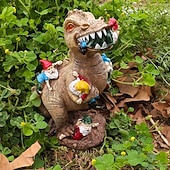 Недорогие Садовый декор-Статуэтка гнома, хватающего динозавра, из смолы, забавное украшение в виде садового гнома для двора или дома, креативный подарок из смолы для любителей динозавров и декора сада