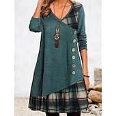 cheap Stripe&amp;Geometric Dress-Women&#039;s Mini Dress A Line Dress Casual Daily Regular Fit Plaid Long Sleeve V Neck Black Red Green Gray Fall Winter