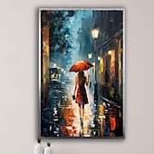 abordables Pinturas de paisajes-Lienzo pintado a mano de una chica en una ciudad lluviosa, con una chica en la calle bajo un paraguas y una lluvia, decoración abstracta, pared de una chica en la ciudad de Nueva York, arte de pared