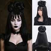 Недорогие Парики для киноперсонажей-Парик для косплея Beetlejuice Lydia – парик с раздельными волосами, микрокудри, идеально подходит для Хэллоуина, косплея и тематических вечеринок