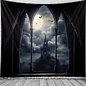 preiswerte Halloween-Wandteppiche-Halloween hängender Wandteppich Schlossfensteransicht Fotografien Hintergrund Jack O Lantern Wandkunst großes Wandteppich Wandbild Dekovorhang Zuhause Schlafzimmer Wohnzimmer Dekoration Tod Selfie