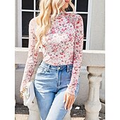 お買い得  フローラルTシャツ-女性用 ブラウス フラワー レオパード スタイリッシュ カジュアル 長袖 タートルネック レギュラートップス 日常 祝日 お出かけ プリント ブラック ピンク グリーン カーキ色 夏 春 秋