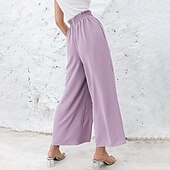 abordables jambe large et taille haute-Femmes Jambe large Slacks Streetwear Occasionnel Longueur complète Naturel Uni Avec Poches Taille Élastique Confortable Fête Week-end Rouille Vert printanier Noir Blanche Automne Coupe régulière