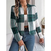 Χαμηλού Κόστους 3D Παλτά-Γυναικεία Casual Jacket Άνετο Αναπνέει Στάμπα Καθημερινό Καρό Διακοπές Δρόμος Καθημερινά Ρούχα Εξόδου Ανοικτό Μπροστά Κοντό Όρθιος Γιακάς Κανονικό Μακρυμάνικο Εξωτερικά ενδύματα