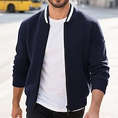 baratos Jaquetas Casuais-Homens jaqueta leve Jaqueta casual Jaqueta do time do colégio Férias Diário Bolsos Emenda Primavera Outono Bloco de cor Moda Clássico Colarinho Chinês Padrão Tecido Waffle Preto Branco Vinho Azul