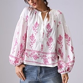 olcso Női Művészet és Dizájn Felsők-Női Ing Virágos Elegáns Csehország Szüret Hosszú ujj Lámpás hüvely V-alakú Crop Tops Napi Szabadság Alkalmi Hímzett Törtfehér hímzett szilvapiros-FEHÉR 2# sárgabarack hímzés világoszöld-sárgabarack