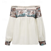 cheap Boho Tops-Women&#039;s Western Blouse Boho Shirt Blouse Flower Modern Boho Long Sleeve Off Shoulder Regular Tops Daily Going out Print Apricot Summer