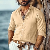 economico Vacanza-Per uomo Camicia Camicia di lino Camicia Estiva Abbigliamento da spiaggia Camicia con Bottoni Semplice Vacanza Casuale Nero Bianco Cachi Grigio Manica Lunga Collo ripiegato Estate Primavera