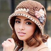 お買い得  帽子-ヴィンテージフラワークロシェバケットハット、厚手防寒ベイスンハット、暖かいフィッシャーマンキャップ、女性用、日常使い、秋 &amp; 冬