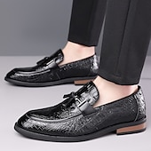 halpa Miesten loaferit ja nauhattomat kengät-Miesten ruskeat krokotiilikuvioiset keinonahkaiset tupsukoristeiset loaferit – kiiltävät slip-on-pukukengät varttuneemmille herrasmiehille, liikelounaille ja virallisiin tilaisuuksiin