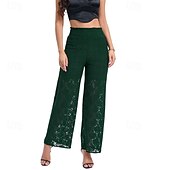 abordables jambe large et taille haute-Femmes Jambe large Slacks Streetwear Occasionnel Longueur complète Naturel Uni Dentelle Patchwork Taille Élastique Confortable Fête Sortir Vert translucide Noir Blanche Bleu de minuit Automne Coupe