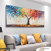 voordelige Schilderijen van bloemen/planten-handgemaakte originele kleurrijke levensboom olieverfschilderij op canvas abstract boomlandschap wanddecoratie voor huisdecoratie met gespannen frame zonder binnenframe schilderij