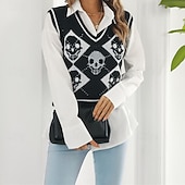 preiswerte Pulloverweste-Damen Pullunder Pullover Lässig Skelett Grobstrick V Ausschnitt Gestrickt Ärmellos Normale Oberteile Stricken Halloween Täglich Ferien Schwarz Rosa Herbst Winter