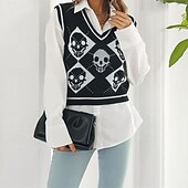 preiswerte Pulloverweste-Damen Pullunder Pullover Lässig Skelett Grobstrick V Ausschnitt Gestrickt Ärmellos Normale Oberteile Stricken Halloween Täglich Ferien Schwarz Rosa Herbst Winter